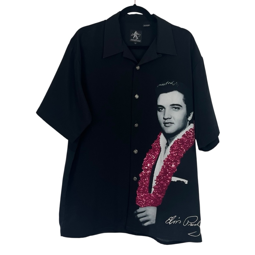 Elvis Presley Black Hawaiian Lei Button Down Shirt w/ Embroidered Signature LG - Picture 9 of 9